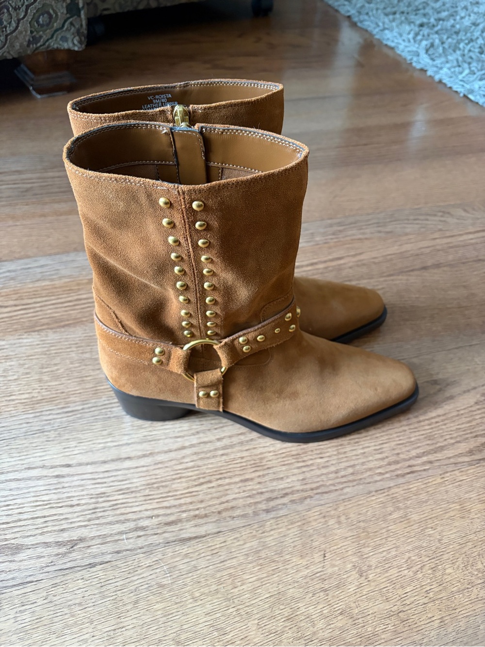 New Vince Camuto Suede Studded Harness Mid-Calf Boot - Tan size 9
